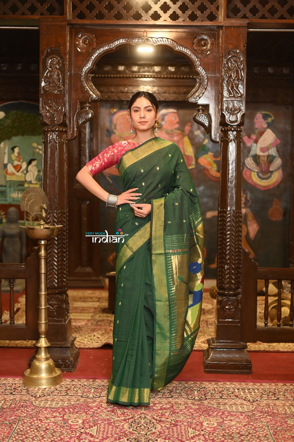 Very Much Indian Authentic Handloom Pure Cotton Paithani with Handcrafted Parrot Pallu - Forest Green - Distacart::37066347741343