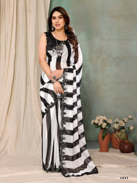 Thumbnail for Aafreen Partywear Designer Balck & White Georgette Fancy Saree - Distacart::39558400901279