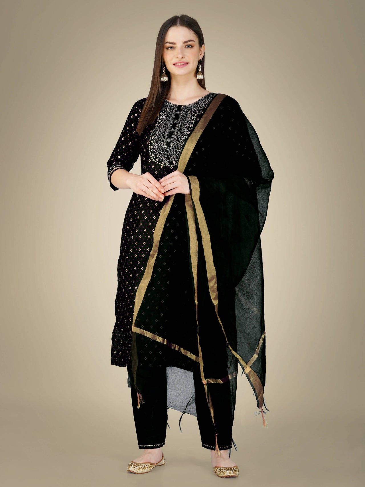 Aastha Fashion Women's Black Cotton Magic Slub Embroidery & Sequence Work Kurta with Trouser & Dupatta - Distacart::37585307893919