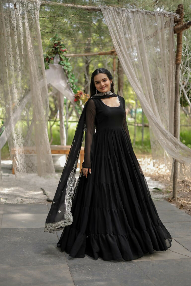 Aastha Fashion Women's Black Faux Georgette Frill Work Anarkali Dress with Dupatta - Distacart::39114333814943