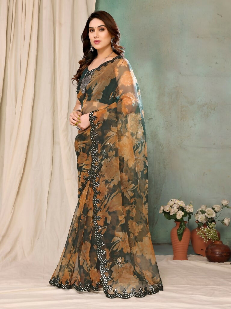 Aafreen Partywear Designer Green Georgette Fancy Saree - Distacart::39558401523871