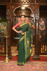 Thumbnail for Very Much Indian Authentic Handloom Pure Cotton Paithani with Handcrafted Parrot Pallu - Forest Green - Distacart::37066347741343