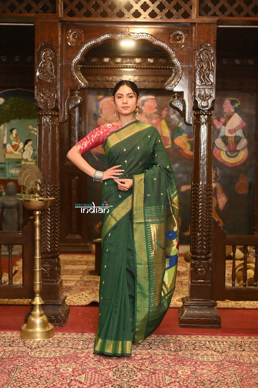 Very Much Indian Authentic Handloom Pure Cotton Paithani with Handcrafted Parrot Pallu - Forest Green - Distacart::37066347741343