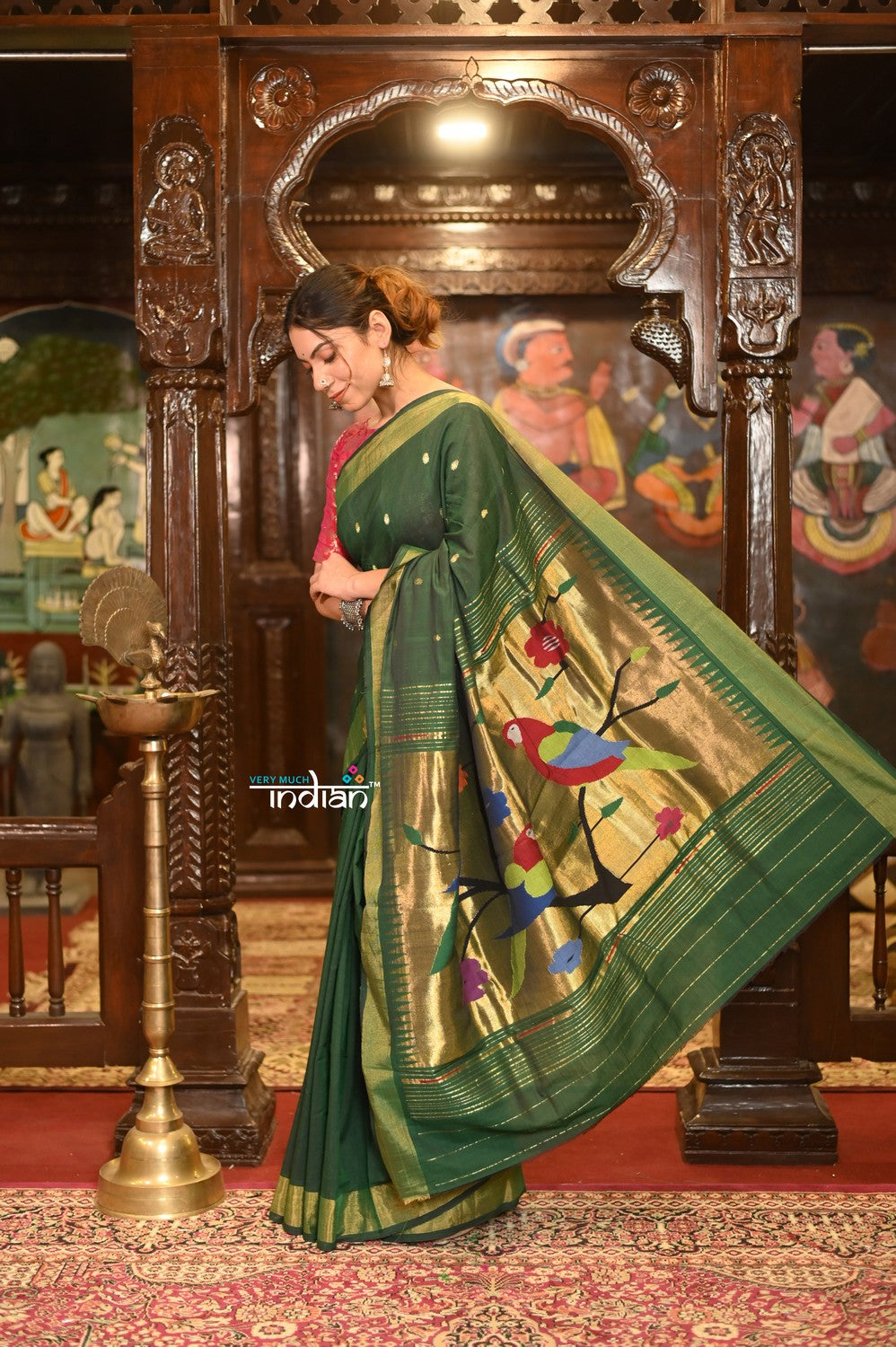 Very Much Indian Authentic Handloom Pure Cotton Paithani with Handcrafted Parrot Pallu - Forest Green