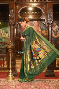 Thumbnail for Very Much Indian Authentic Handloom Pure Cotton Paithani with Handcrafted Parrot Pallu - Forest Green - Distacart::37066347708575