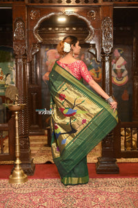 Thumbnail for Very Much Indian Authentic Handloom Pure Cotton Paithani with Handcrafted Parrot Pallu - Forest Green - Distacart::37066347774111