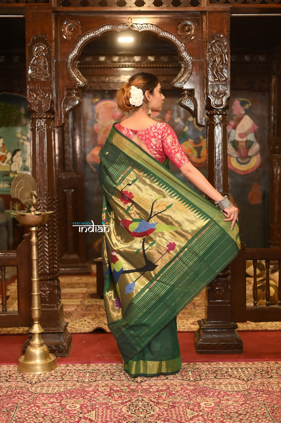 Very Much Indian Authentic Handloom Pure Cotton Paithani with Handcrafted Parrot Pallu - Forest Green - Distacart::37066347774111