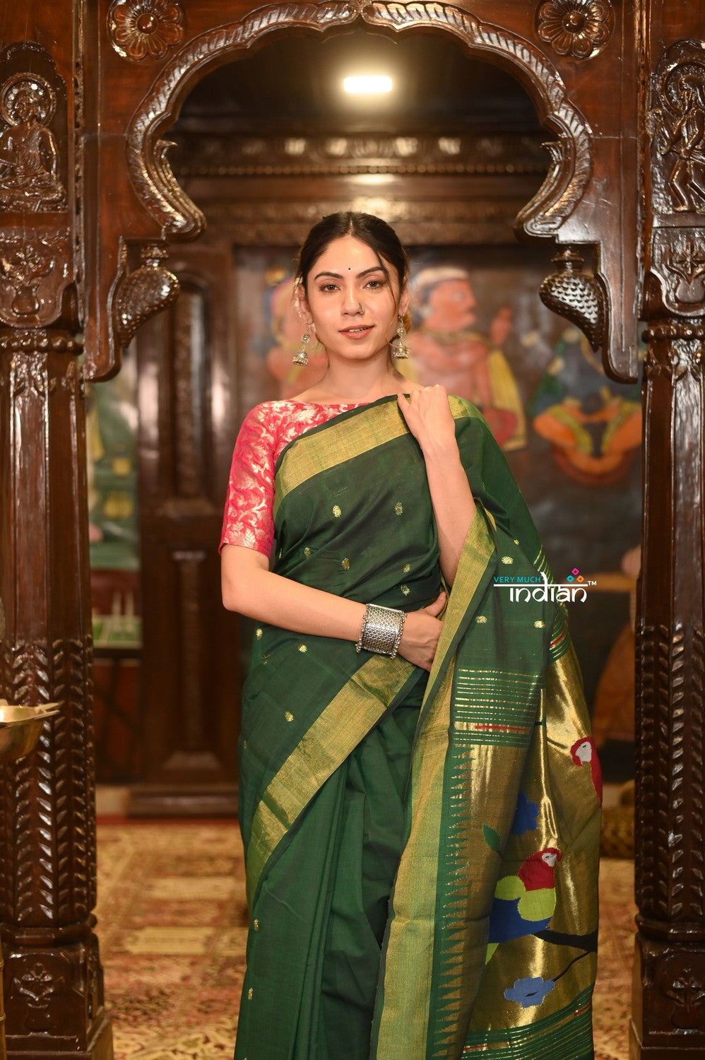 Very Much Indian Authentic Handloom Pure Cotton Paithani with Handcrafted Parrot Pallu - Forest Green - Distacart::37066347806879