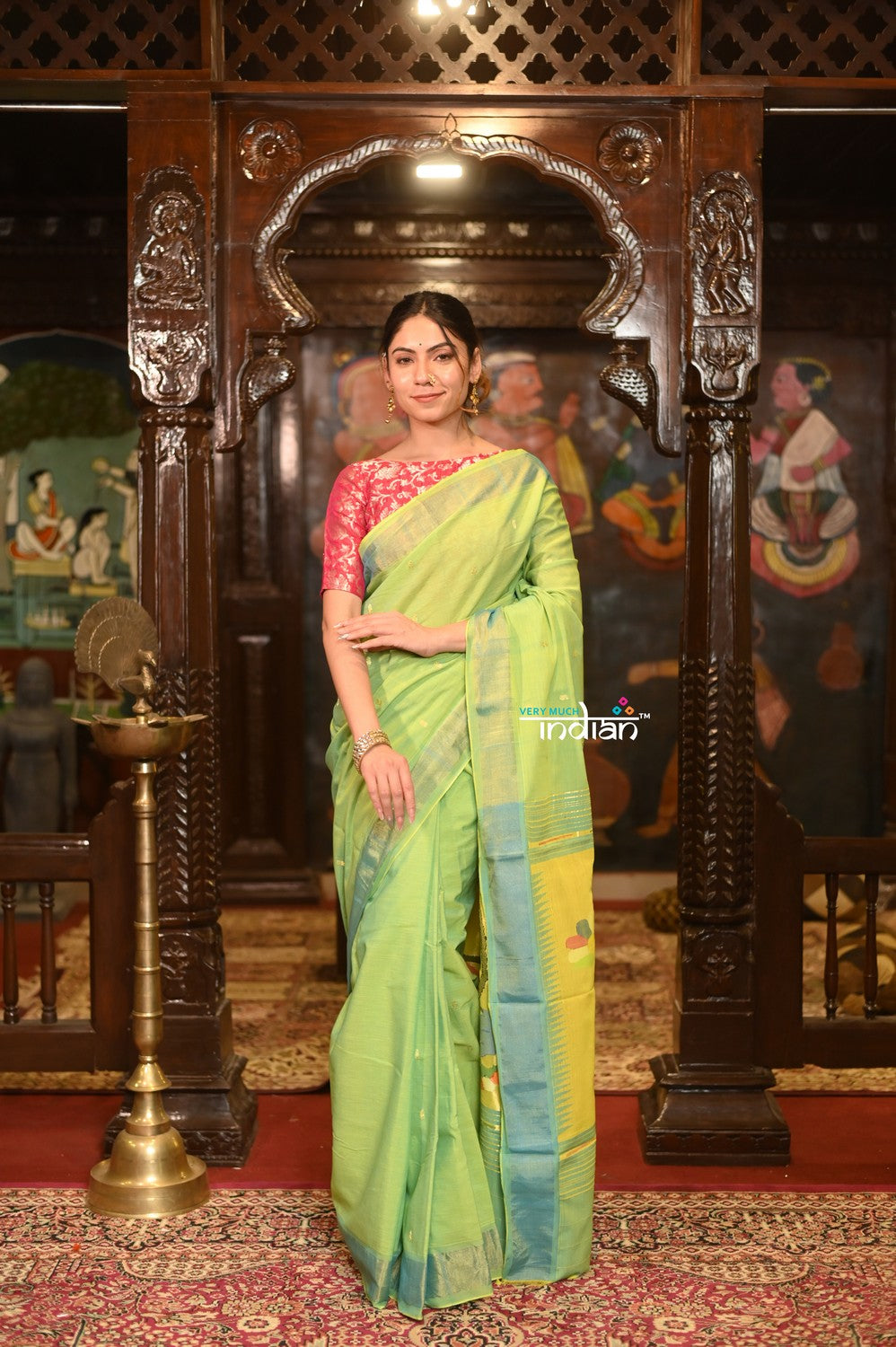 Very Much Indian Authentic Handloom Pure Cotton Paithani with Handcrafted Peacock and Parrot Pallu - Lush Green - Distacart::37066349084831