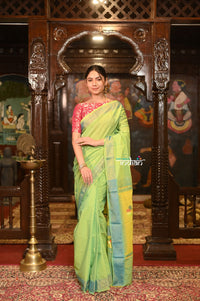 Thumbnail for Very Much Indian Authentic Handloom Pure Cotton Paithani with Handcrafted Peacock and Parrot Pallu - Lush Green - Distacart::37066349084831