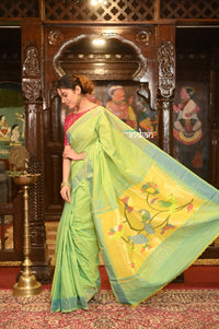 Thumbnail for Very Much Indian Authentic Handloom Pure Cotton Paithani with Handcrafted Peacock and Parrot Pallu - Lush Green - Distacart::37066349052063
