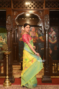 Thumbnail for Very Much Indian Authentic Handloom Pure Cotton Paithani with Handcrafted Peacock and Parrot Pallu - Lush Green - Distacart::37066349117599