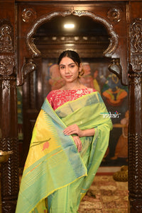 Thumbnail for Very Much Indian Authentic Handloom Pure Cotton Paithani with Handcrafted Peacock and Parrot Pallu - Lush Green - Distacart::37066349150367