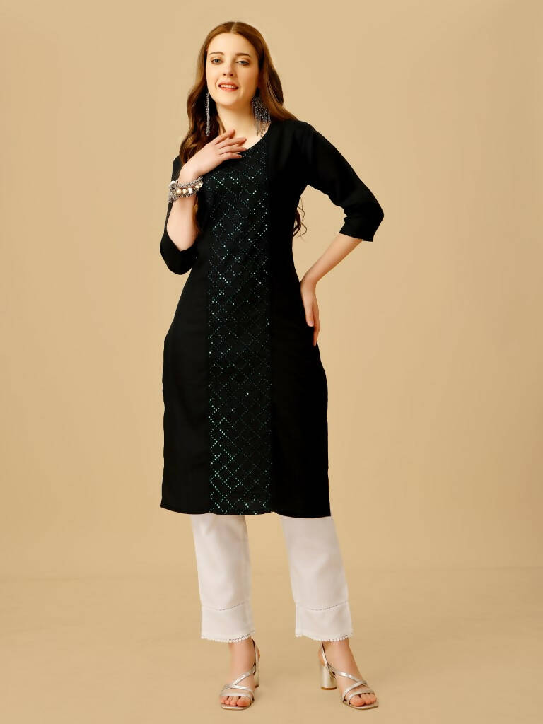 Aastha Fashion Women's Black Cotton Blend Embroidered Kurta Pant Set - Distacart::37439774687391