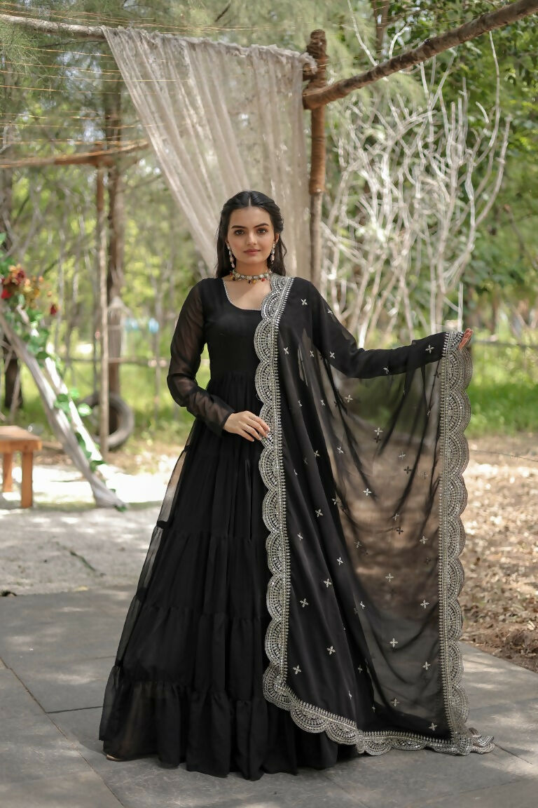 Aastha Fashion Women's Black Faux Georgette Frill Work Anarkali Dress with Dupatta - Distacart::39114333749407