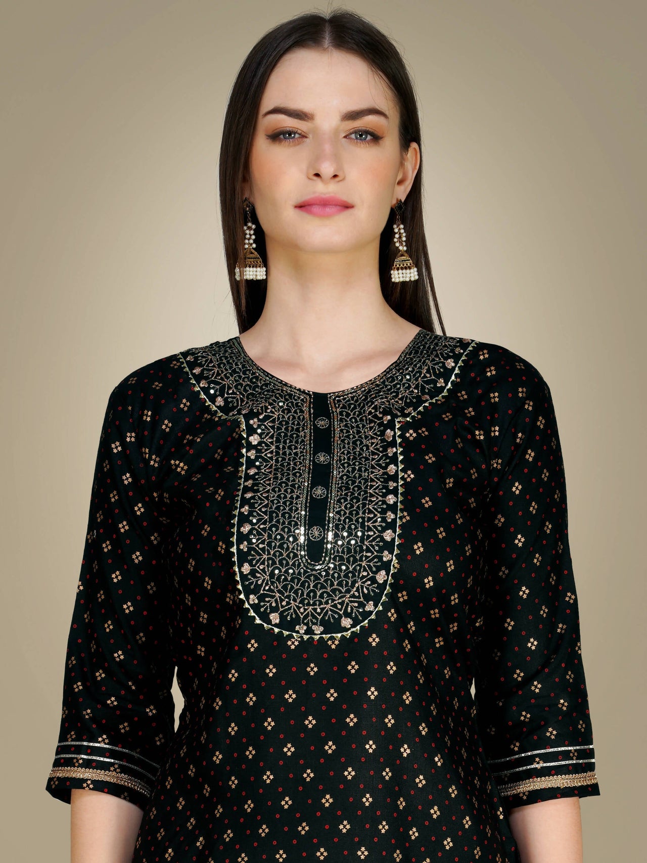 Aastha Fashion Women's Black Cotton Magic Slub Embroidery & Sequence Work Kurta with Trouser & Dupatta - Distacart::37585307992223