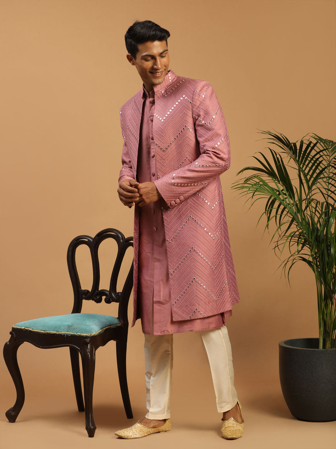 Shrestha By Vastramay Men's Onion Pink And Cream Viscose Sherwani Set - Distacart::34950772261023