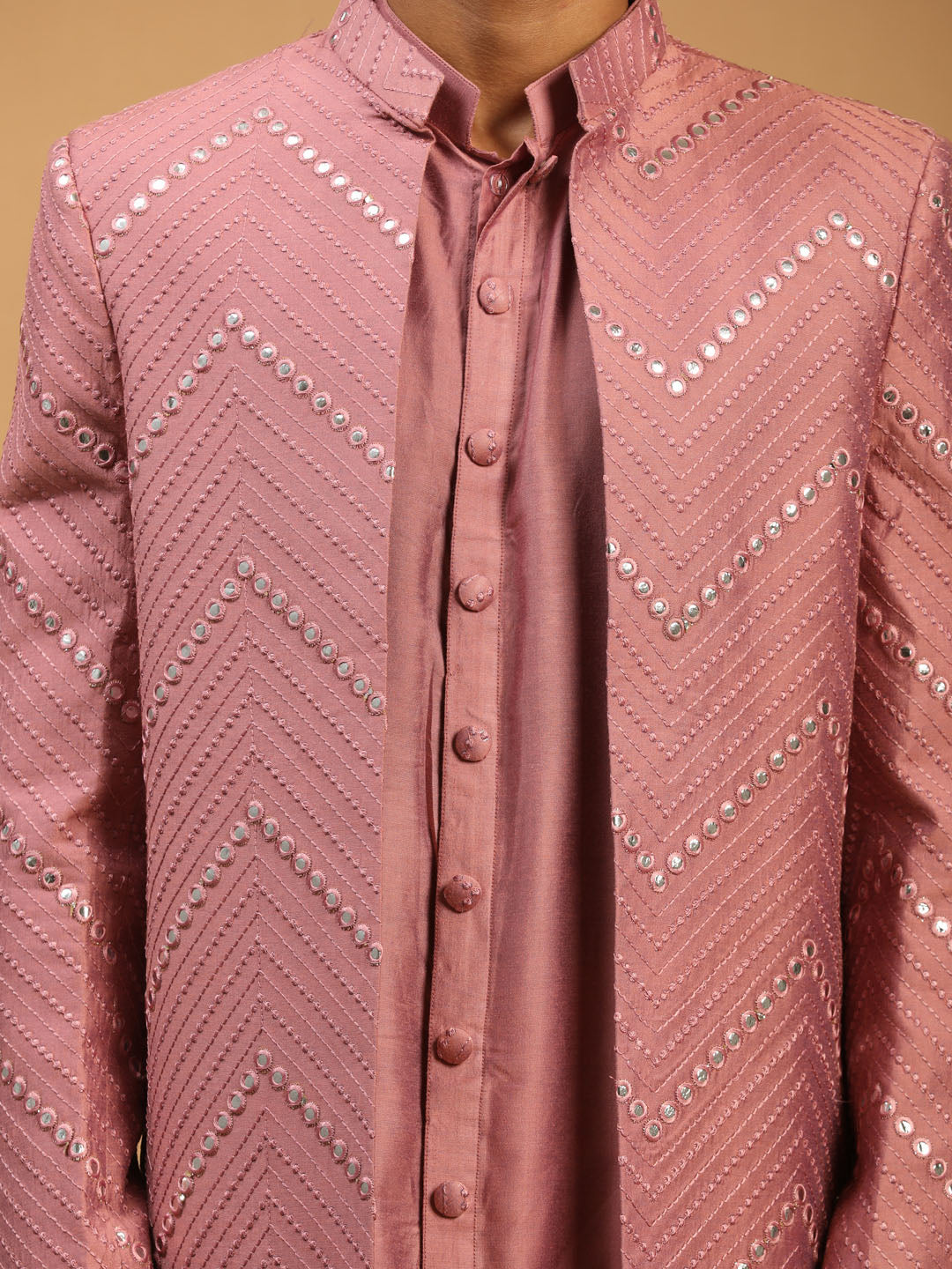 Shrestha By Vastramay Men's Onion Pink And Cream Viscose Sherwani Set - Distacart::34950772326559