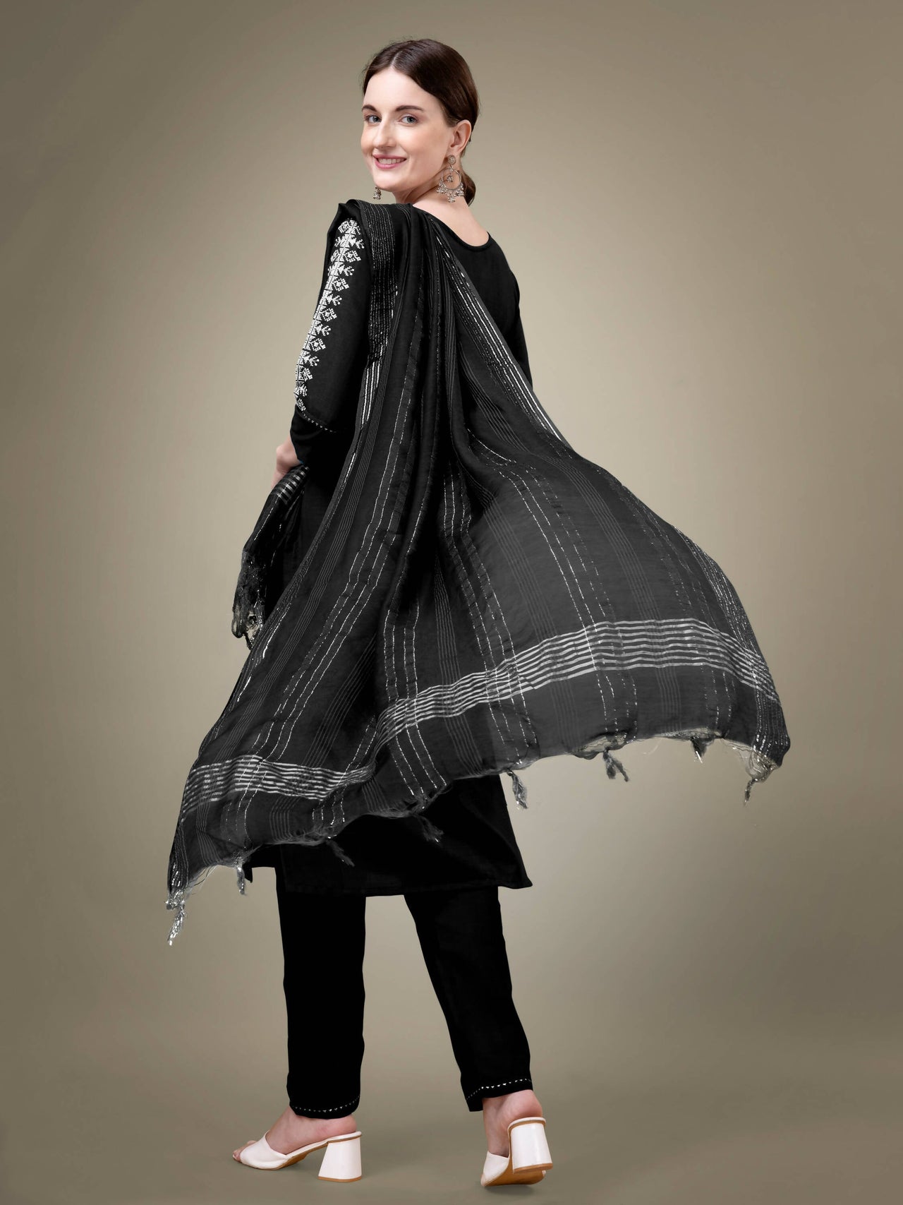 Aastha Fashion Women's Black Cotton Blend Embroidery & Sequence Work Kurta with Trouser & Dupatta - Distacart::37585307599007