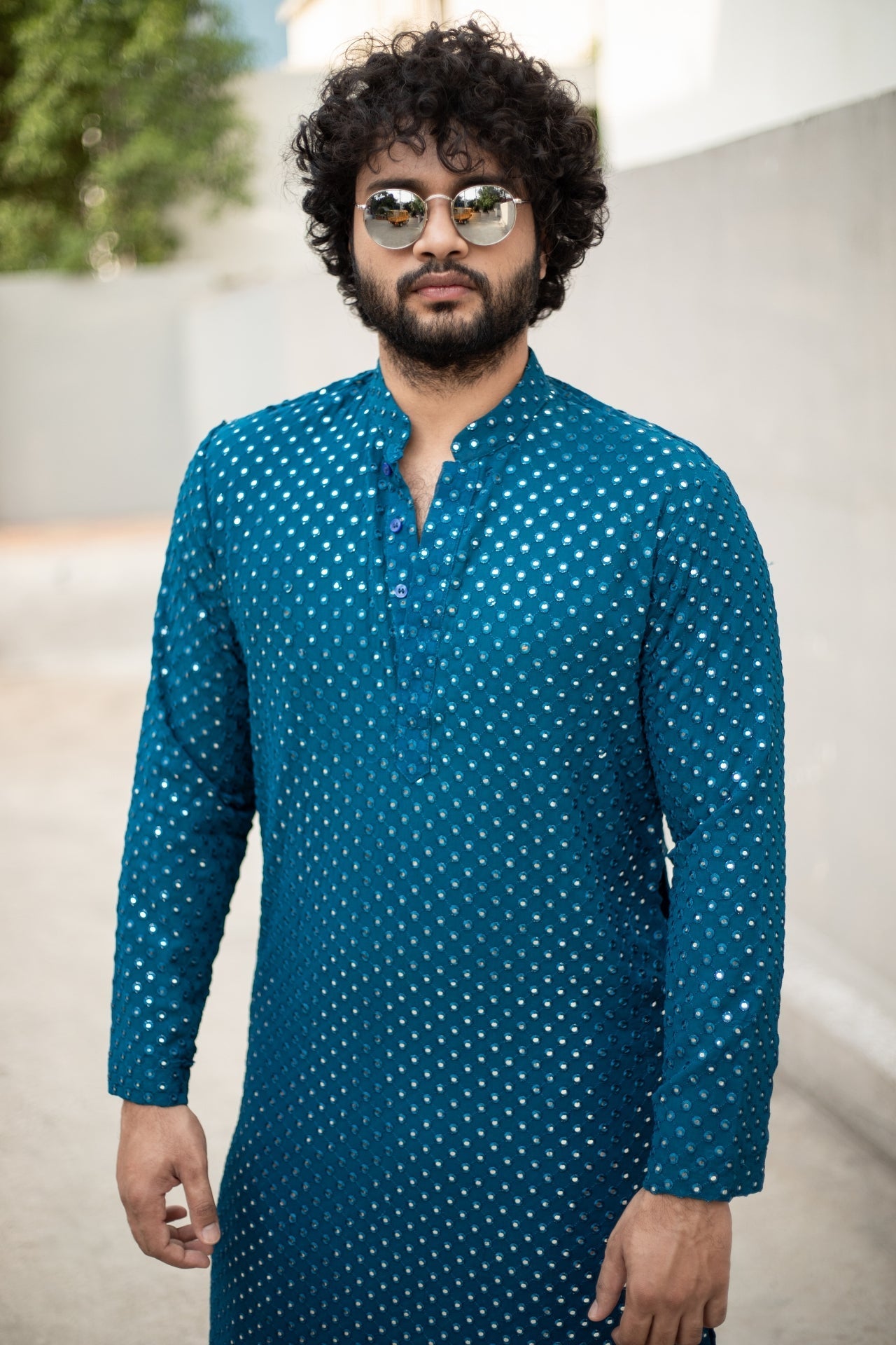 Teal Blue Mirror Designer Men's Kurta by Hilo Designs - Distacart::36412901425311