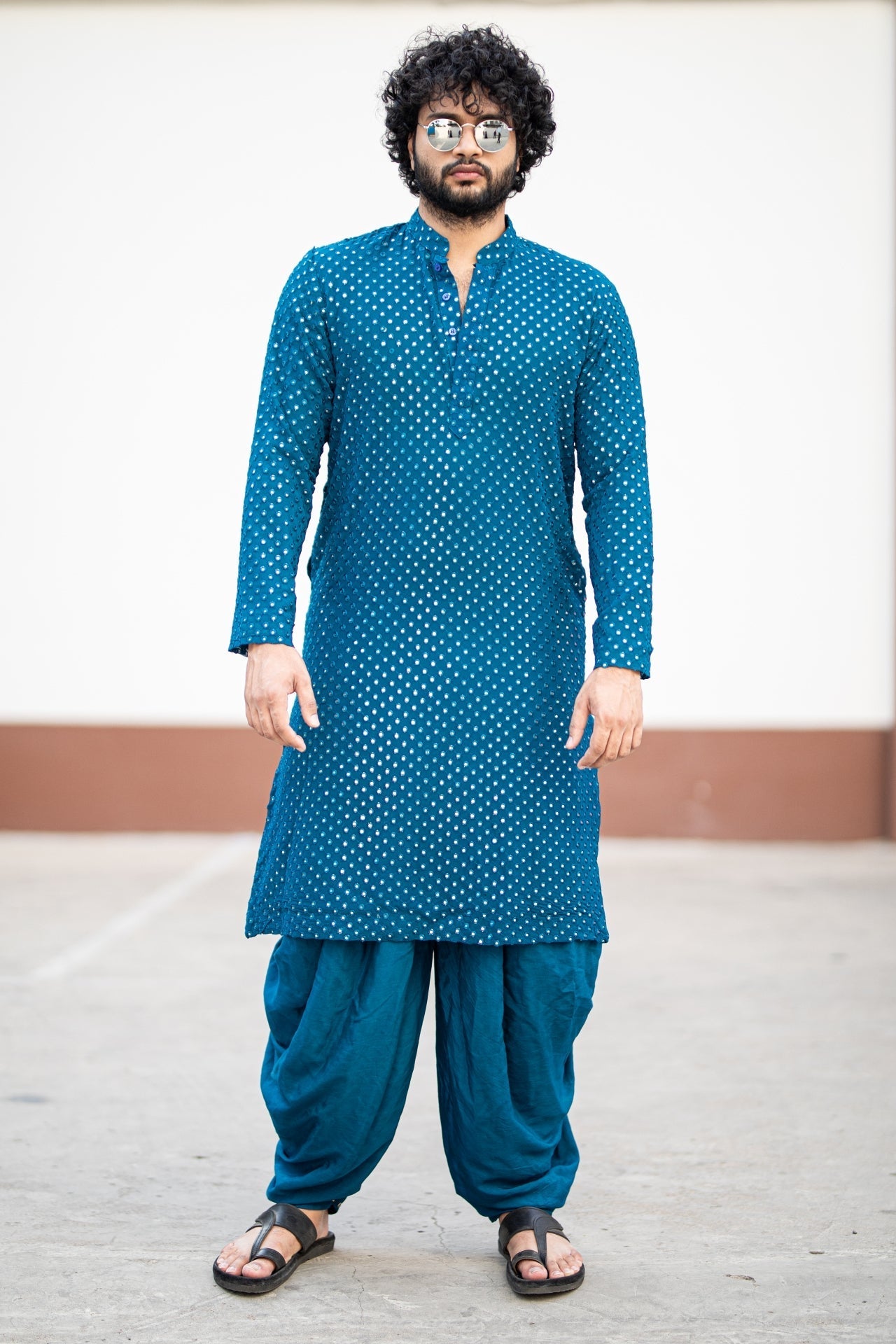 Teal Blue Mirror Designer Men's Kurta by Hilo Designs - Distacart::36412901458079