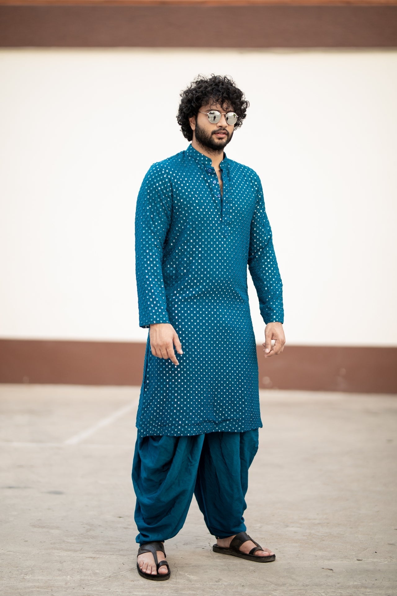 Teal Blue Mirror Designer Men's Kurta by Hilo Designs - Distacart::36412901490847