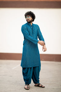 Thumbnail for Teal Blue Mirror Designer Men's Kurta by Hilo Designs - Distacart::36412901523615