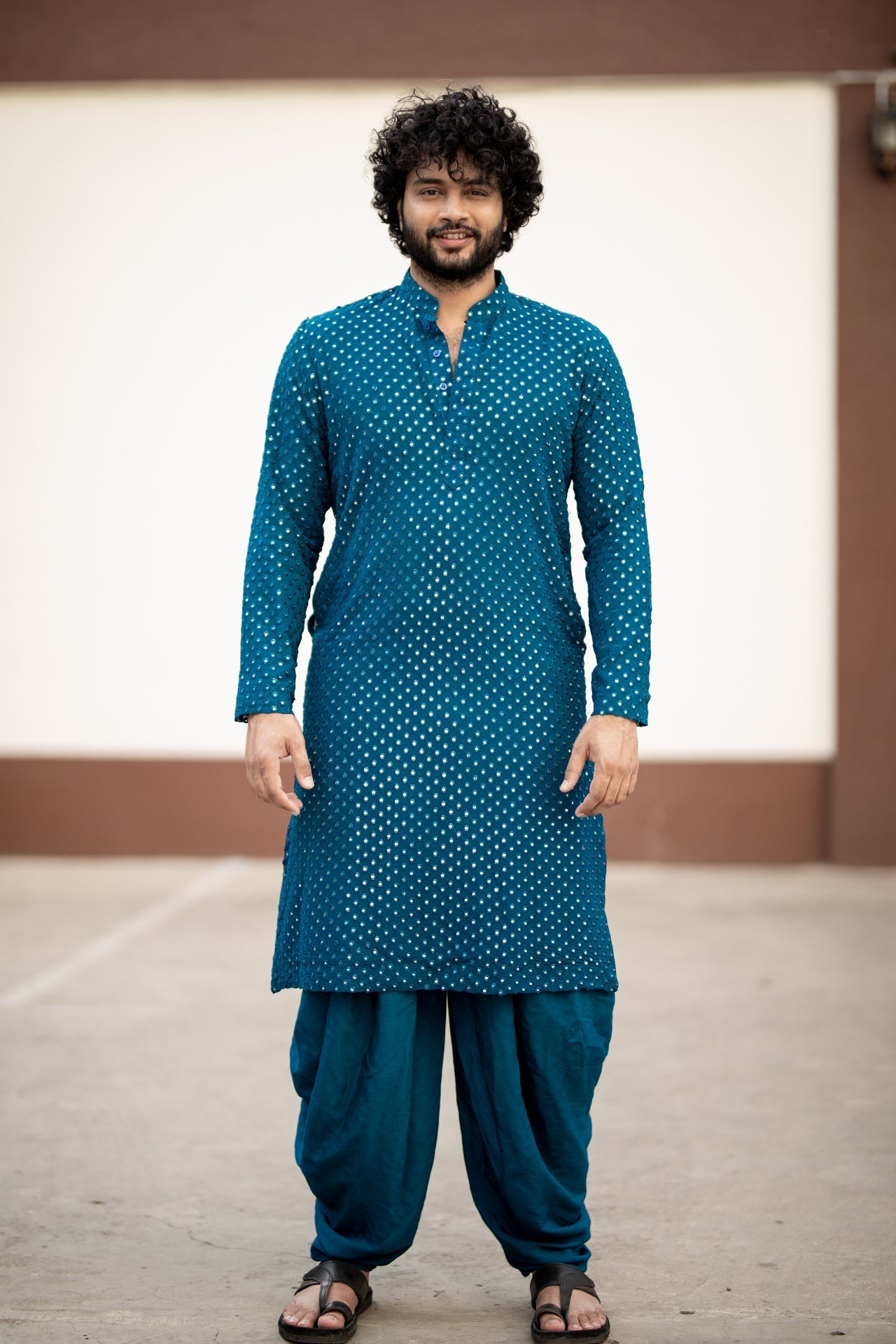 Teal Blue Mirror Designer Men's Kurta by Hilo Designs - Distacart::36412901556383