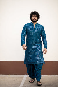 Thumbnail for Teal Blue Mirror Designer Men's Kurta by Hilo Designs - Distacart::36412901589151