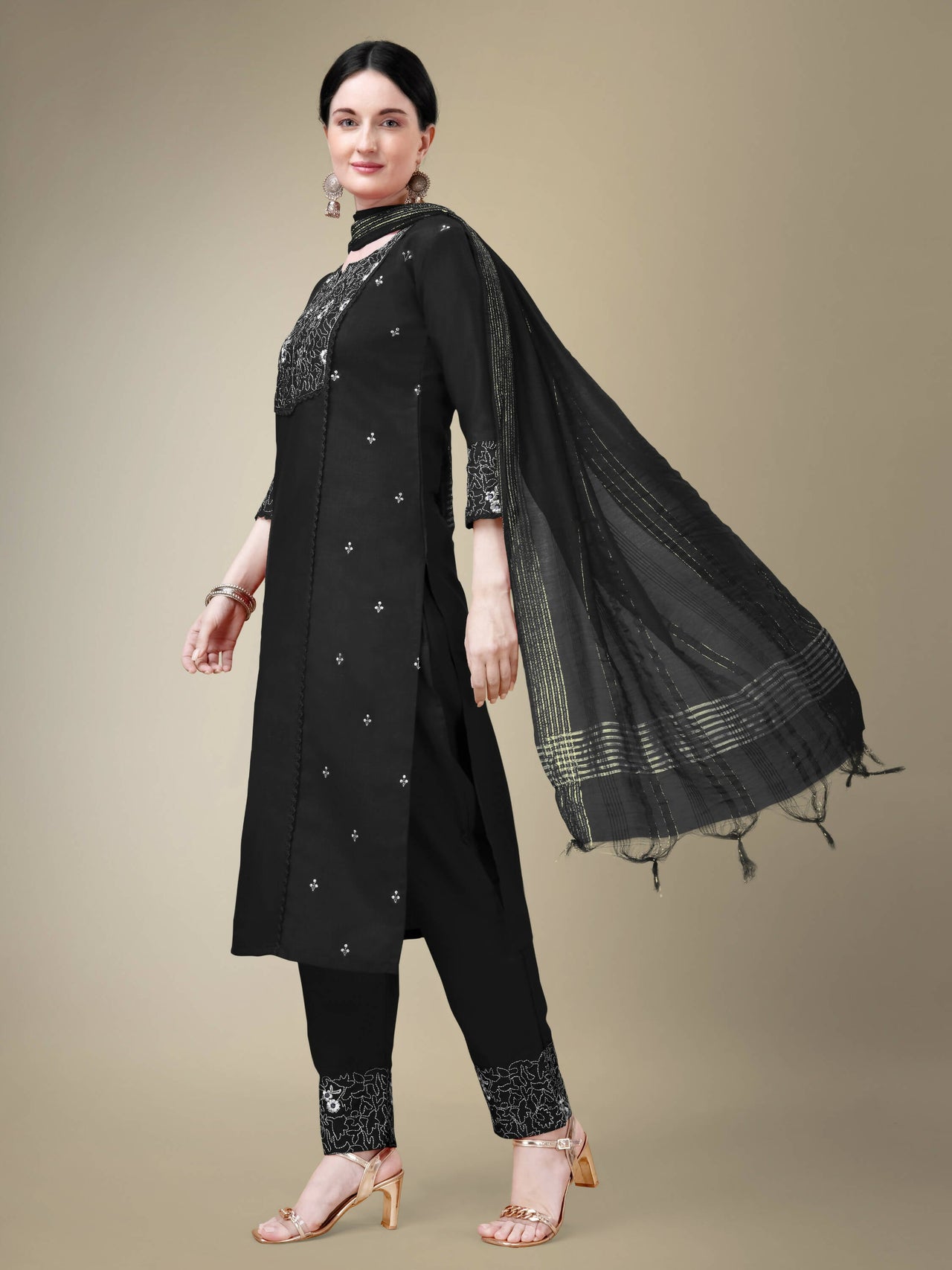 Aastha Fashion Women's Black Cotton Blend Embroidery & Fancy Lace Work Kurta with Trouser & Dupatta - Distacart::37585301307551