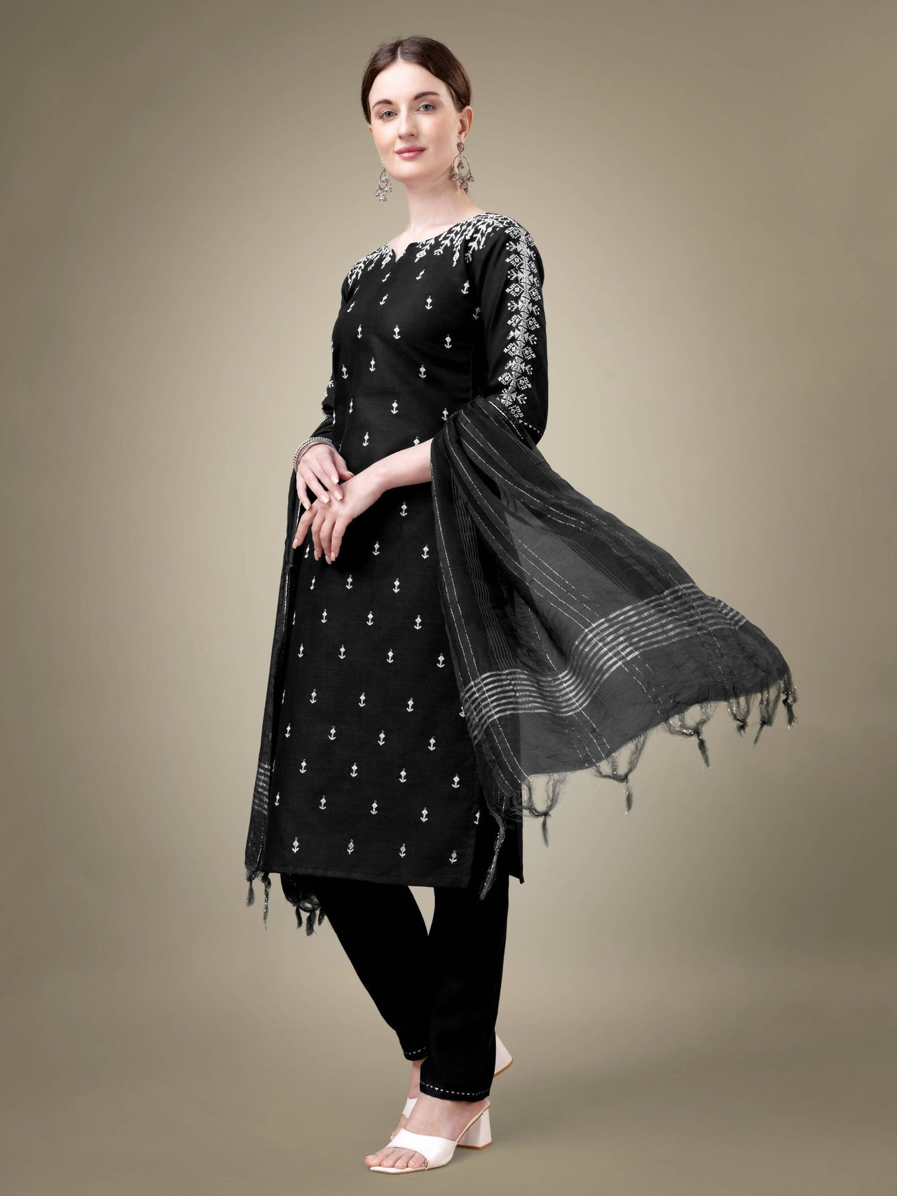 Aastha Fashion Women's Black Cotton Blend Embroidery & Sequence Work Kurta with Trouser & Dupatta - Distacart::37585307500703