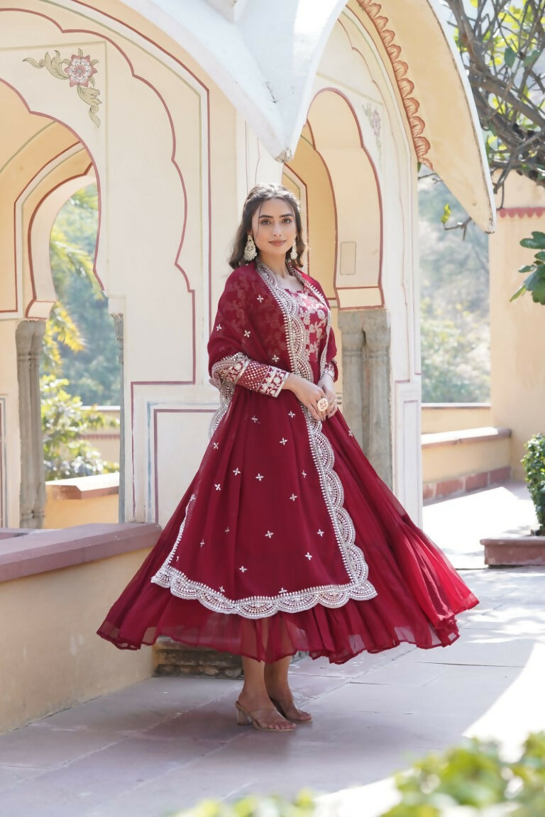 Aastha Fashion Women's Maroon Faux Georgette Jacquard with Sequins Embroidered Anarkali Dress with Dupatta - Distacart::39114337845407