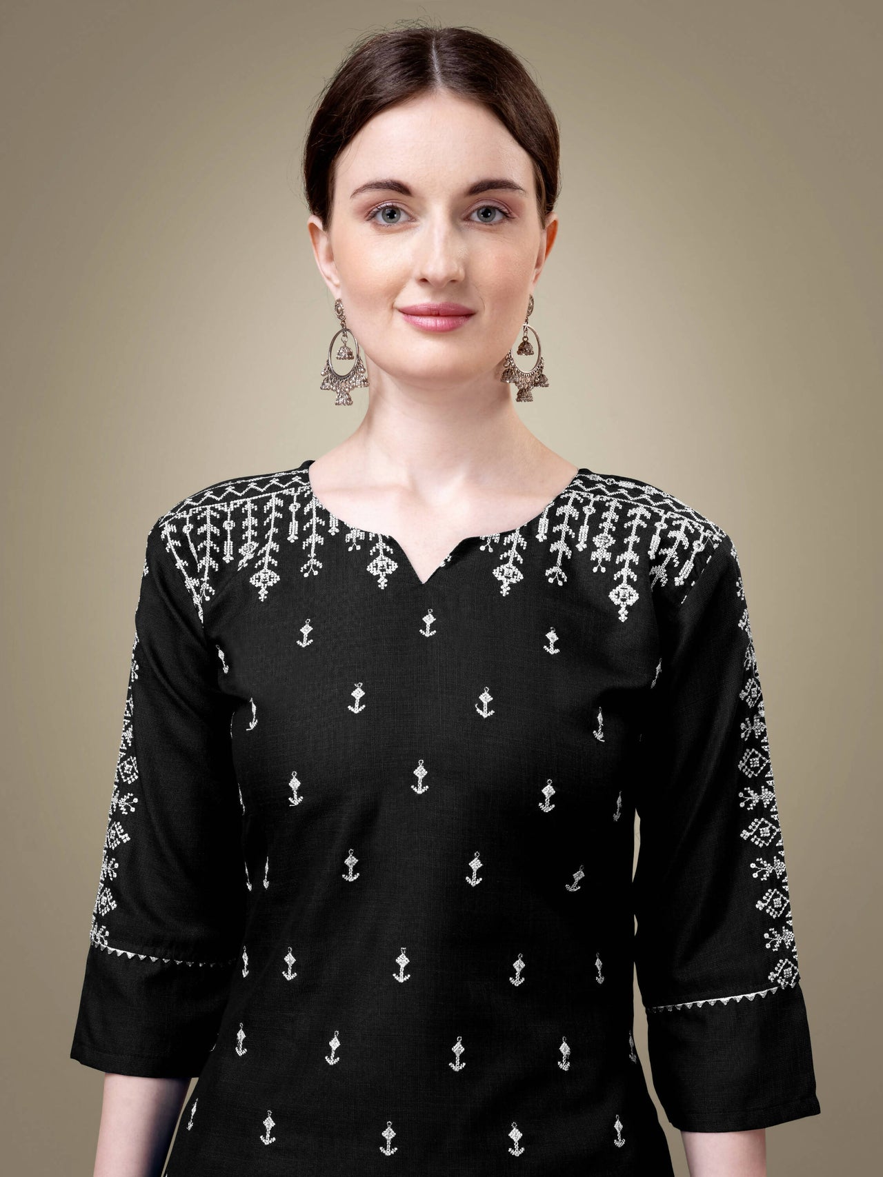 Aastha Fashion Women's Black Cotton Blend Embroidery & Sequence Work Kurta with Trouser & Dupatta - Distacart::37585307533471