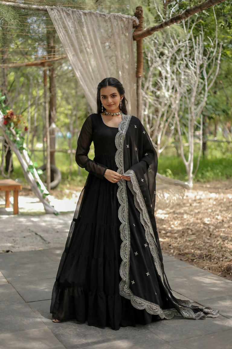 Aastha Fashion Women's Black Faux Georgette Frill Work Anarkali Dress with Dupatta - Distacart::39114333683871