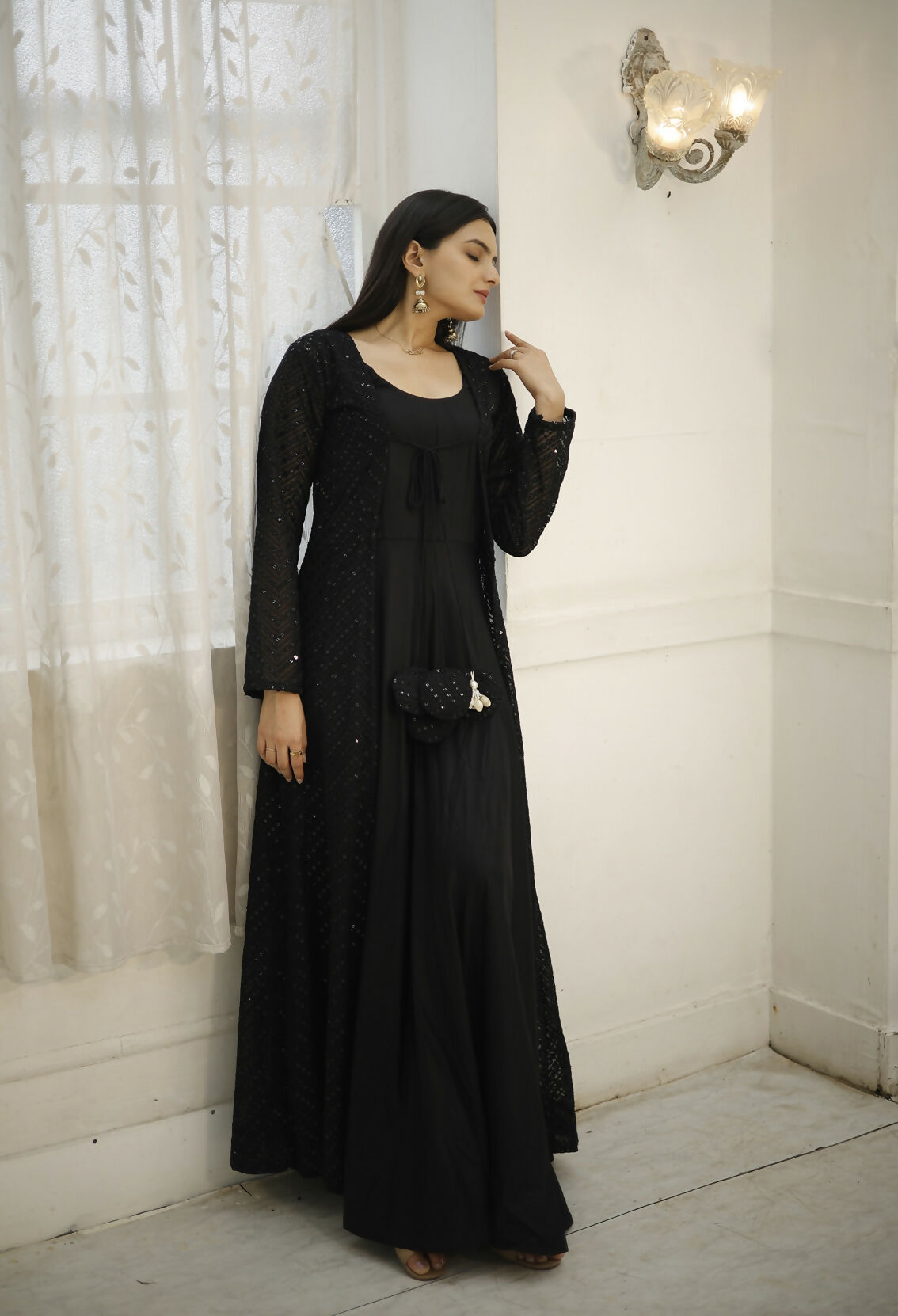 Aastha Fashion Women's Black Designer Rayon Gown with Crochet Embroidery Work Shrug - Distacart::38736630153375