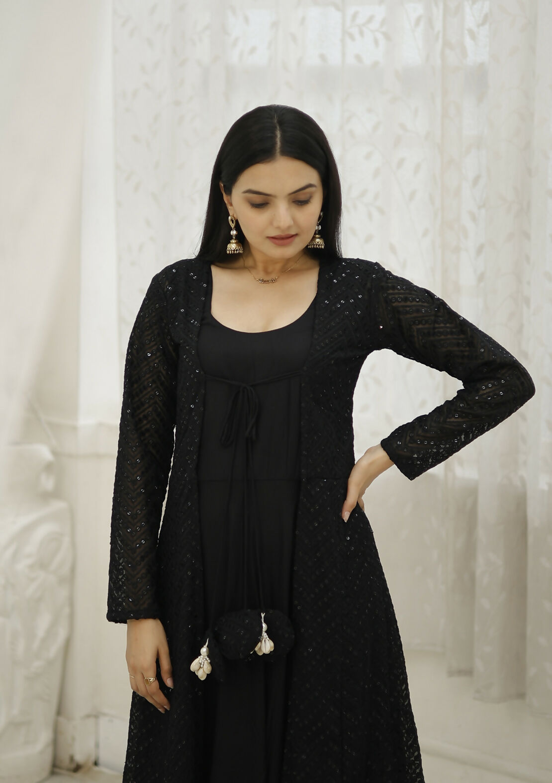 Aastha Fashion Women's Black Designer Rayon Gown with Crochet Embroidery Work Shrug - Distacart::38736630251679