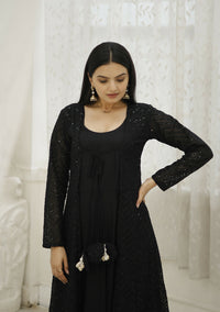 Thumbnail for Aastha Fashion Women's Black Designer Rayon Gown with Crochet Embroidery Work Shrug - Distacart::38736630251679