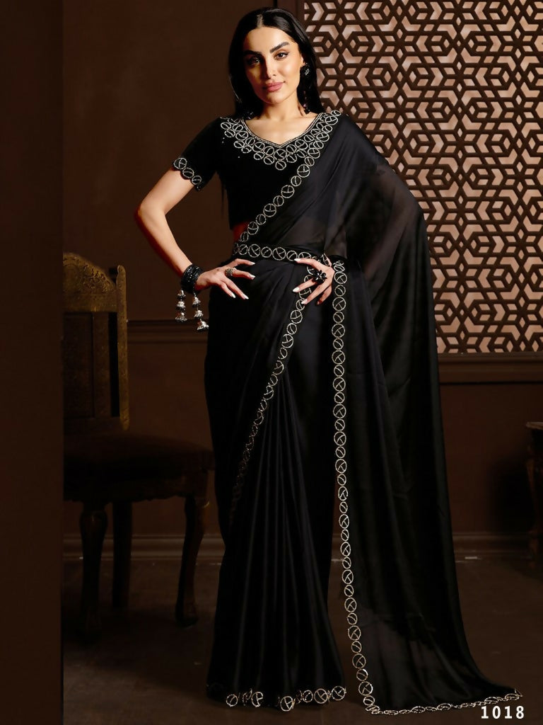 Aafreen Partywear Designer Black Satin Chiffon Fancy Saree - Distacart::39400212168863